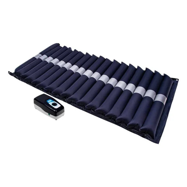 Blue segmented inflatable sleeping pad with a compact portable air pump beside it, suitable for camping or guests.
